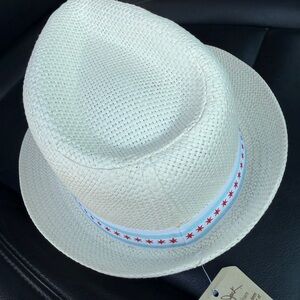Panama Jack Cream Straw Fedora with Light Blue and Red Star Band